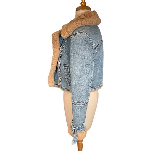 Hollister Faux Fur Lined Denim Jacket Women’s XS Y2K Cropped Tan Sherpa Collar - Picture 4 of 13
